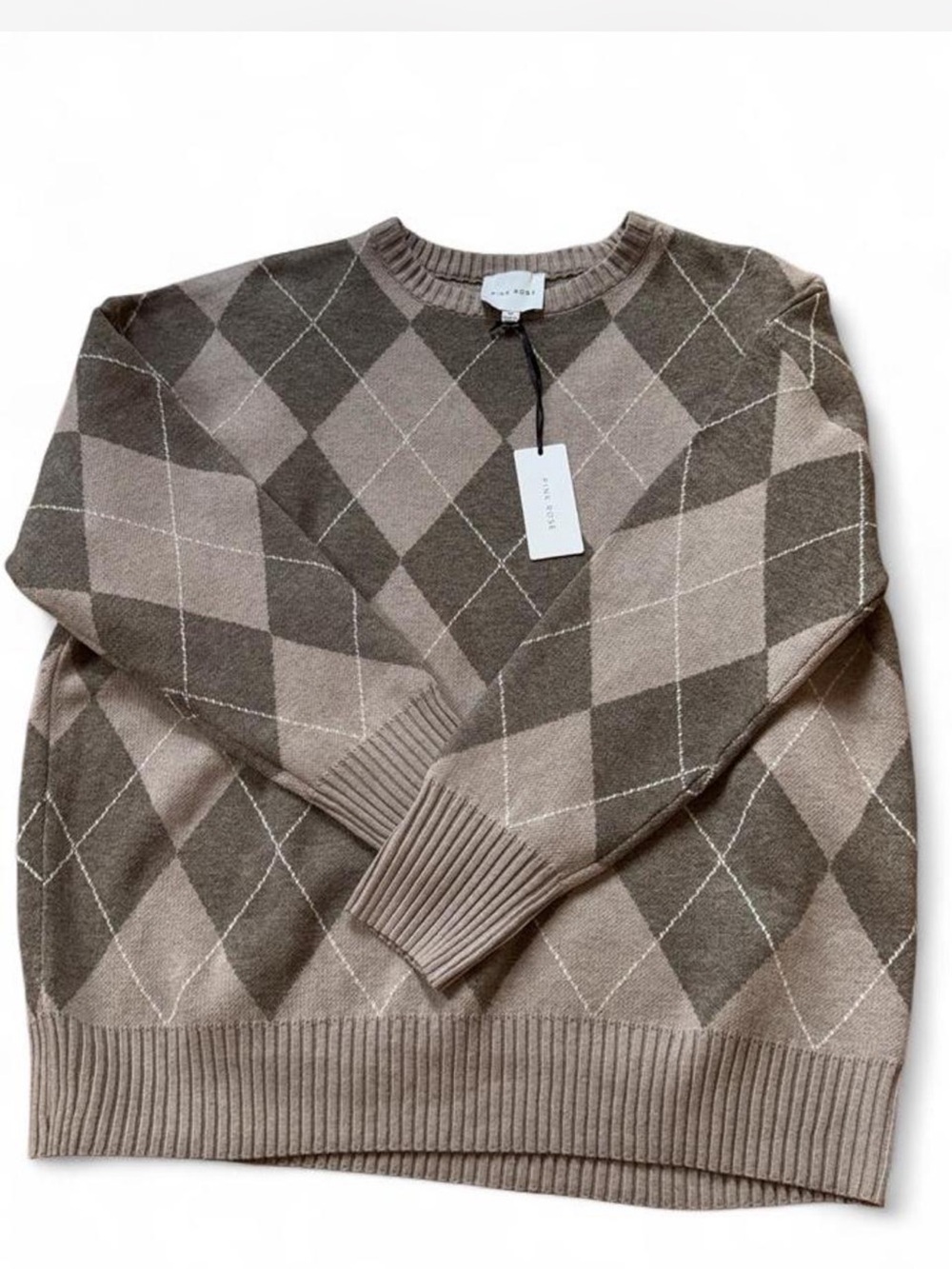 Pink Rose Argyle Crewneck Sweater - Taupe, Brown